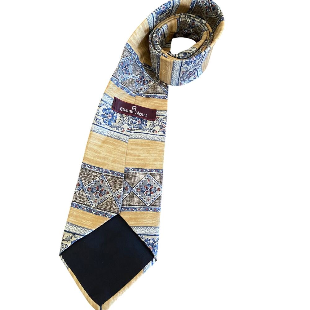 Etienne Aigner Silk Tie Gold Blue Floral Geometric Made In USA